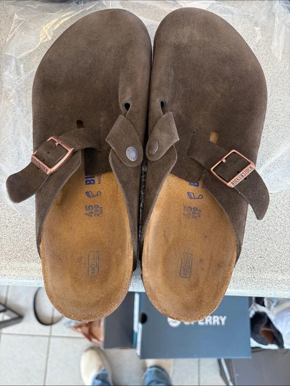 Birkenstock Boston Suede Clog in Dark Brown with Rose Gold Buckles